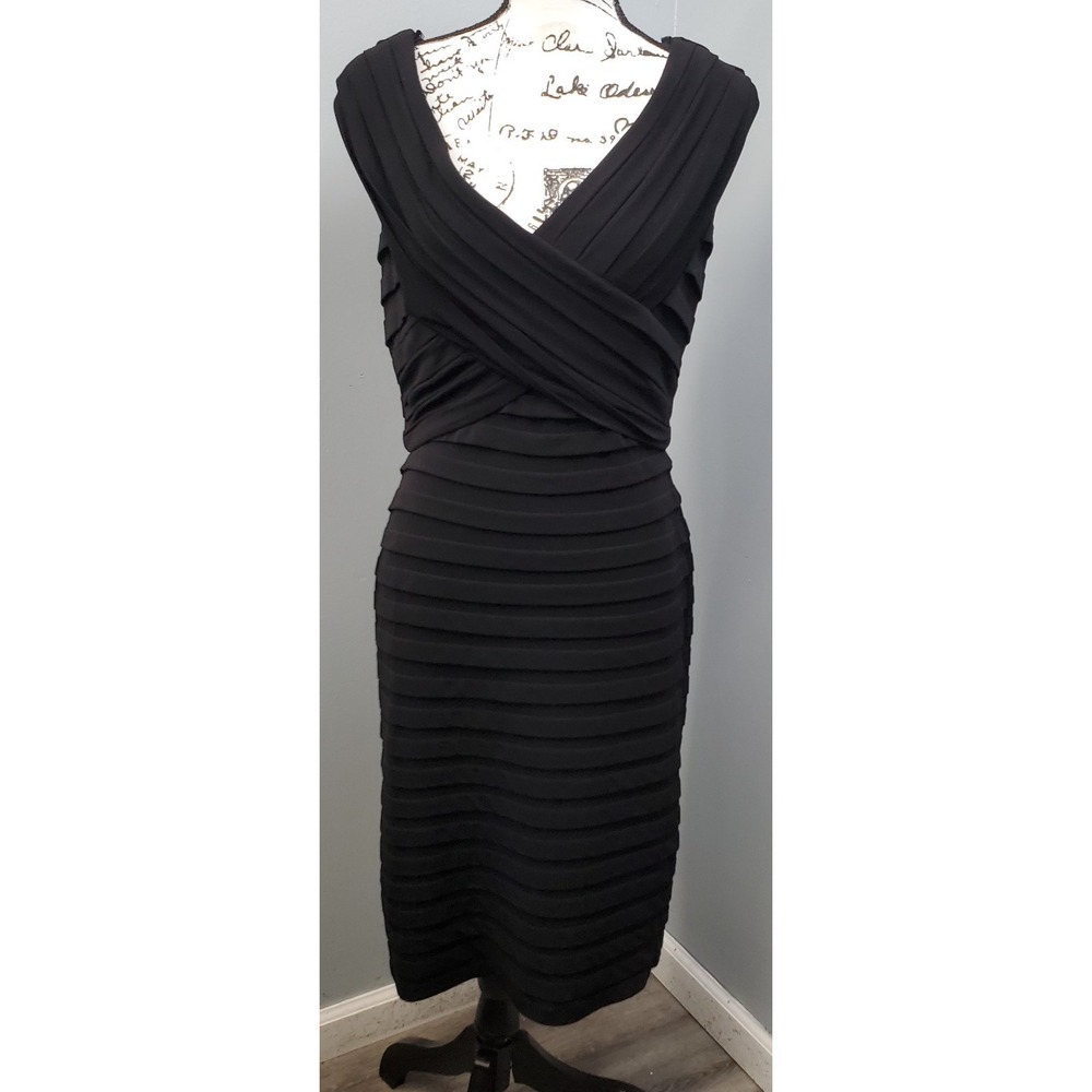 Tadashi Collection Bodycon Dress Women Large Black Lined Pleated V Neck Back Zip